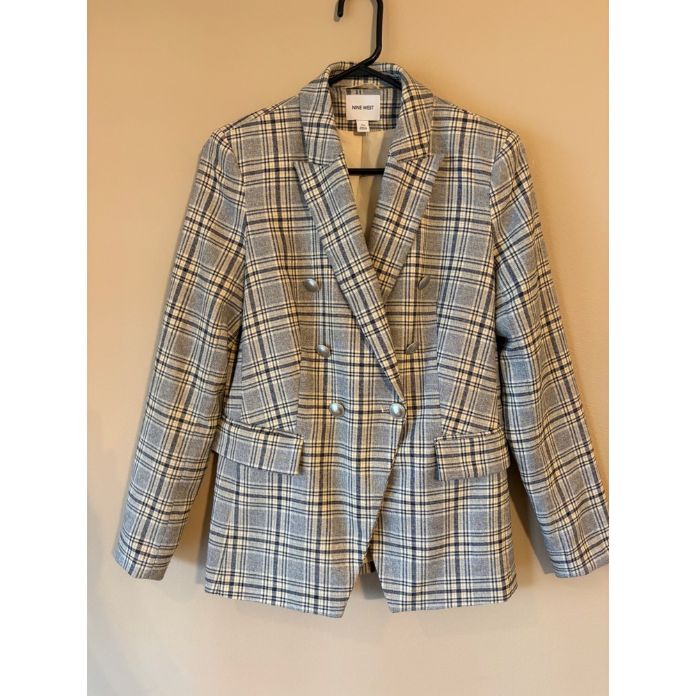 Nine West Womens Blue Plaid Double Breasted Blazer Jacket XS RN73277